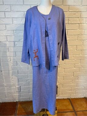 Vintage 90s Positive Influence 100% Linen Dress and Cardigan Set Womens L